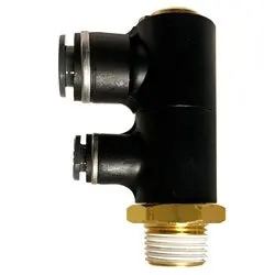 58060406C - Male Double Universal 90-Degree Elbow Fitting With 3/8" Push-To-Connect, 1/4" Push-To-Connect, 3/8" Male Npt 1